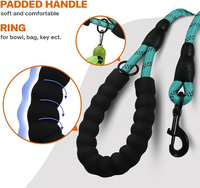 Taglory Rope Dog Leash 4 FT with Comfortable Padded Handle, Highly Reflective Threads Leash and Anti-Tangle Clip for Walking Medium Large Dogs, 1/2 inch, Turquoise