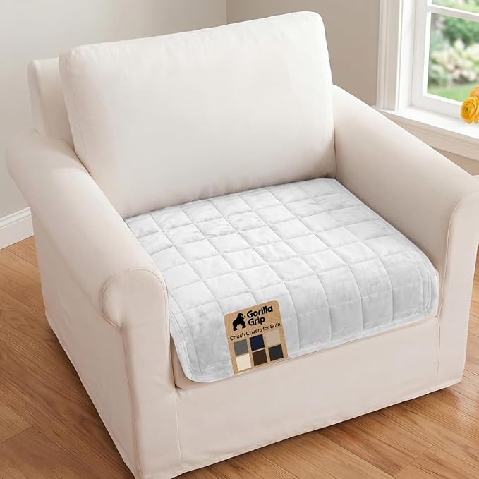 GORILLA GRIP Slip and Leak Resistant Plush Quilted Large Chair Cushion Cover Blanket, Soft Couch Covers for Sofa Dogs, Machine Washable Furniture Protector Pet Friendly Couches, White, 48x28 Inches