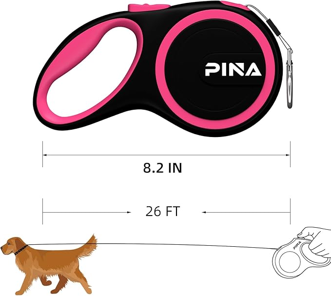 PINA Retractable Dog Leash, 26ft Dog Leash for Small Medium Large Dogs Up to 110lbs, 360° Tangle-Free Strong Reflective Nylon Tape, with Anti-Slip Handle, One-Handed Brake, Lock - Black Pink