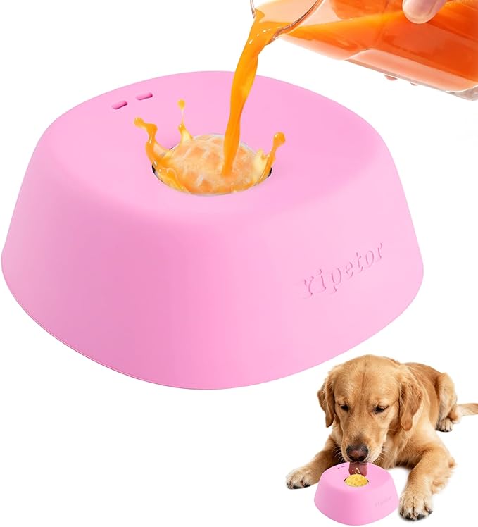 Yipetor Slow Feeder Dog Bowls for Liquid Treat, 【Enrichment Ball-Roll】 Bone Broth Dog Lick Bowl, 3/4 Cup Yogurt Pup Lick Toy for Large Medium Small Breeds Dietary Supplement/Post-op Nutrition (Pink)