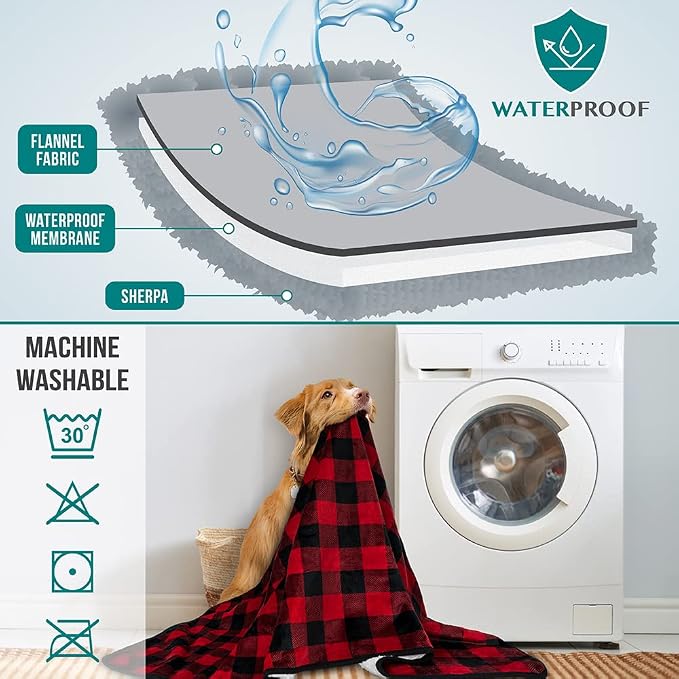 PETAMI Sherpa Fleece Waterproof CAT and Dog Blanket, Checkered RED, Queen