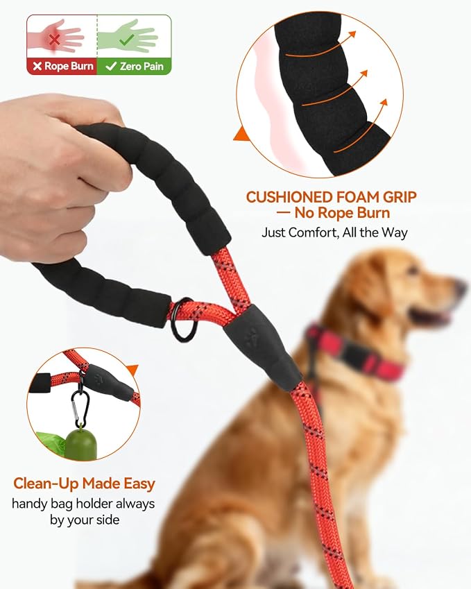 Joytale Dog Leash for Large Dogs, Heavy Duty Nylon Leashes with Comfortable Padded Handle and Highly Reflective Threads, Ideal for Walking and Training, Red, 6'×1/2''