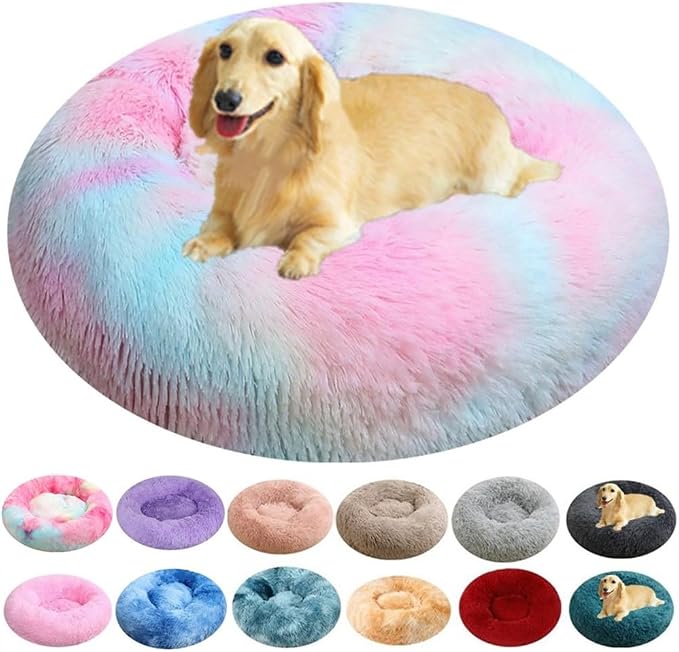 Dog Bed for Small Medium Large Dogs, 30 Inch Calming Dogs Beds, Anti-Anxiety Donut Cuddler Cat Bed with Anti-Slip Bottom, Fluffy Faux Fur Washable Pet Cushion Beds, Multi Color