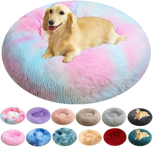 Dog Bed for Small Medium Large Dogs, 30 Inch Calming Dogs Beds, Anti-Anxiety Donut Cuddler Cat Bed with Anti-Slip Bottom, Fluffy Faux Fur Washable Pet Cushion Beds, Multi Color