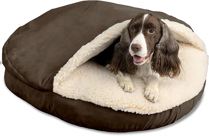 Snoozer Cozy Cave Dog Bed - Indoor Dog Bed with Cover Cave, Covered Calming Burrow for Medium & Large Sized Pets with Blanket Attached, Enclosed, Removable Washable Cover - XL, Hot Fudge
