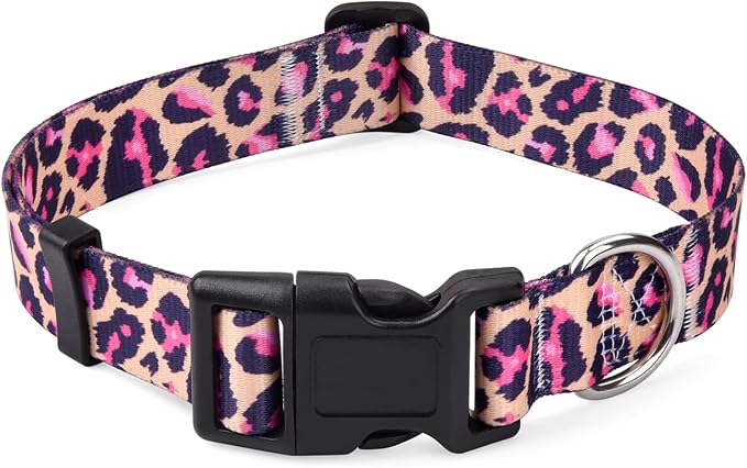 Mihqy Dog Collar with Bohemia Floral Tribal Geometric Patterns - Soft Ethnic Style Collar Adjustable for Small Medium Large Dogs(Pink Leopard,M)