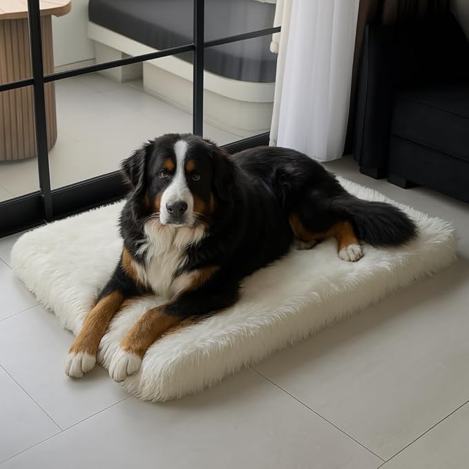 iHappyDog Faux Fur Orthopedic Dog Bed, Memory Foam Rectangular Crate Bed for Large XL Dogs, Plush Furry Bed That Looks Like a Rug, Calming Bed for Senior Dogs, Washable Cover - White, XLarge 47" x 29"