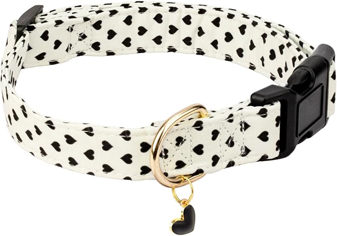 Cotton Dog Collar,Soft and Cute Puppy Collars with Hearts Patterned Design for Girl Female Boy Dogs,Adjustable Buckle Pet Collar for Small Medium Large Dogs (Beige Love Heart, L)