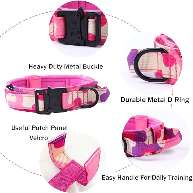 Tactical Dog Collar Adjustable Military Nylon Dog Collar with Control Handle and Heavy Duty Metal Buckle for Medium and Large Dogs (Pink Camo,M)