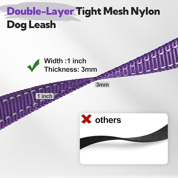 2-Handle Dog Leash Heavy Duty Traffic Control & Night Safety Reflective Lead for Small Mid Large Dogs, Comfort Padded Grip Dog Leashes for Walking and Training(6 FT x 1" Wide Purple+Black)