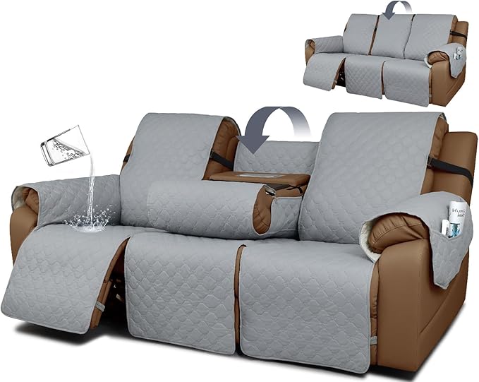 Waterproof Recliner Sofa Covers with Flipped Middle Backrest Washable Recliner Couch Covers Non-Slip with Elastic Straps Furniture Protector for Kid Dogs Pets (Light Grey)