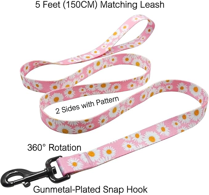 Dog Collar Leash Set, Floral Pattern, Polyester Material, Adjustable Collar and 5ft Matchcing Leash, for Small Dogs.(S, Light Pink Daisy)