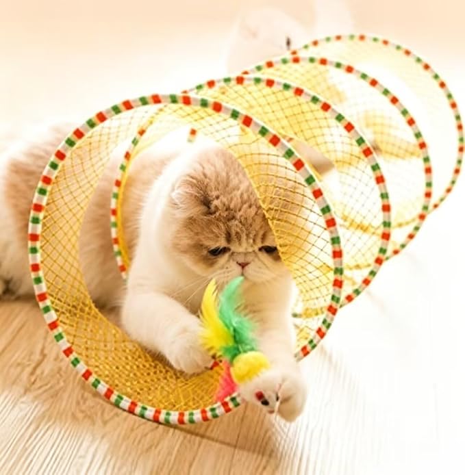 Andiker Spiral Tunnel for Cats, 21.45” Collapsible Cat Tunnel with Feather Toy and Plush Mouse Interactive Cat Toys for Indoor Cats to Relieve Boredom for Kitten (Yellow)