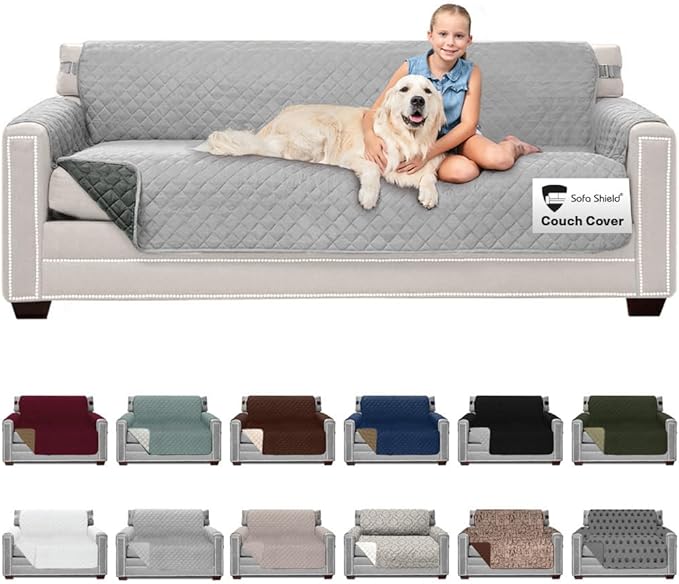 Sofa Shield® Couch Slip Covers for Dogs, Reversible Furniture Protector with Strap, Stain and Tear Resistant Cushion Cover, 78 inch Seat, Machine Washable Slipcover Pets, Cats, Light Gray Charcoal