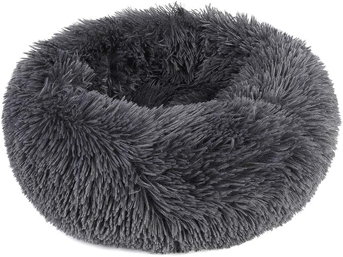 otoez Round Donut Dog Bed for Small Dogs, Washable Cat Calming Bed Cuddler Anti Anxiety Fluffy Plush Dog Cat Bed with Non-Slip Waterproof Bottom (23.6", Dark Grey)