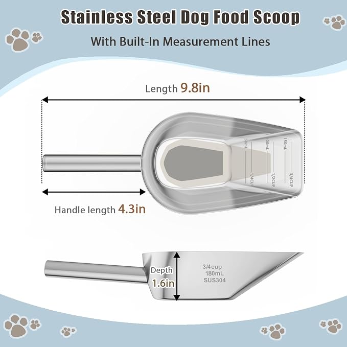 Dog-Cat Food Scoop 3/4 Cup, SSyang Thickened 304 Stainless Steel Pet Food Scoop with Long Handle, Precision Scale, Easy to Clean, Suitable for Wet and Dry Food