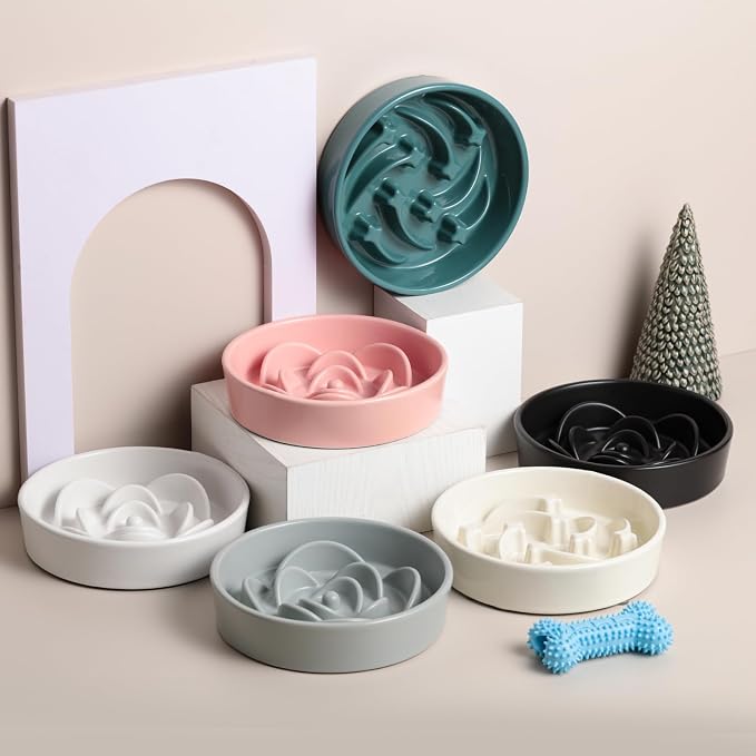 8.26 in Milk White Dog Bowl Slow Feeder Ceramic for Medium and Large Breed,Pet Feeding Dog Food Water Dish Heavy Weighted,Puppy Bowl for Fast Eaters,Puzzle Slow Eating Dish Modern Maze Meteor