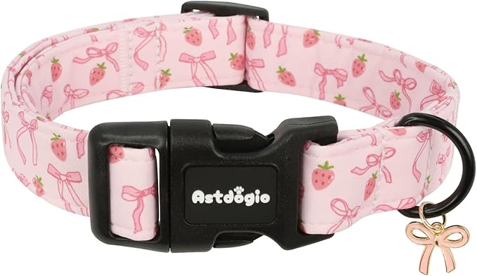 Small Dog Collar, Girl Boy Dog Collars with Pink Bow & Strawberry Pattern, Adjustable Cotton Pink Dog Collar for Small Dogs, Cute Holiday Collars for Dogs, Ideal for Pet Accessory