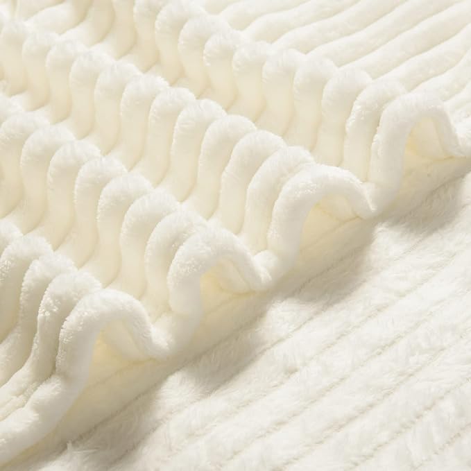 Bnuitland Fleece Throw Blanket for Couch, 300GSM Soft Warm Cozy Fluffy Ivory Throw for Adults & Kids, Stripe Pattern 50"x60", All Season Sofa Bed Blanket for Home Decor