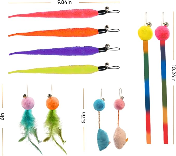 Cat Toys for Indoor Cats, 11 Packs Interactive Cat Wand Toy Set with Feather Toys&Ribbon Refills,Retractable Cat Wand with Bell Refills for Kittens Play and Exercise