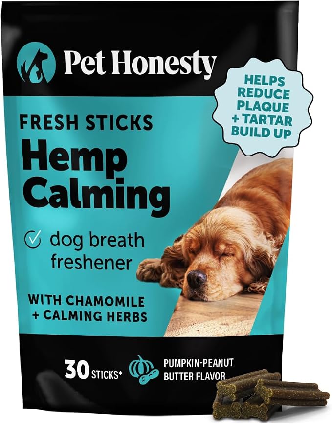 Hemp Calming Dog Dental Sticks - Reduce Stress + Occasional Anxiousness with Melatonin + Hemp to Promote Calm, Reduce Plaque + Tartar, Fresh Breath Teeth Cleaning Treats (Pumpkin Peanut Butter, 30 Ct)