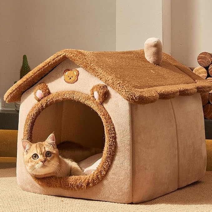 Cat Beds for Indoor Cats, Cute Bear Shape Cat Bed Cave, Pet House Cats Tent with Removable Cushion Pillow for Kittens Puppy Small Dogs (Brown, S-15.7x12.6x13.7in)