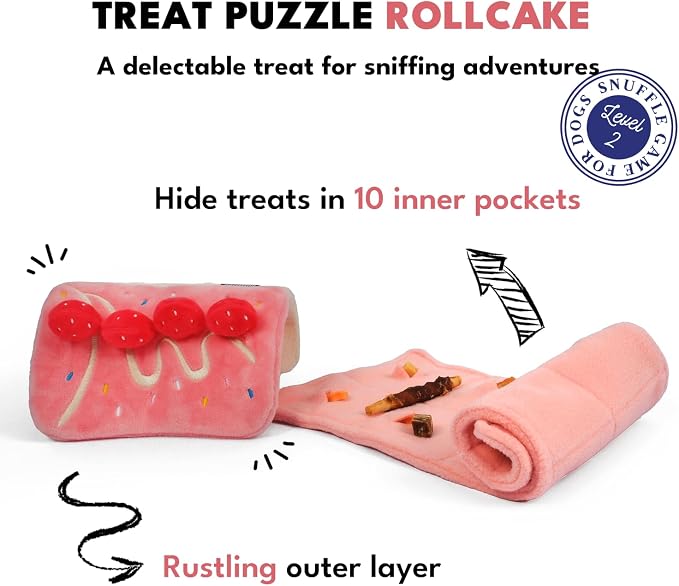 CHEWFFON Dog Birthday Cake Toy - Interactive Snuffle Roll Cake Puzzle for Enrichment, Squeaky & Crinkle Puppy Gift for Boredom & Mental Stimulation, Indoor Brain Game for Small Medium Dogs