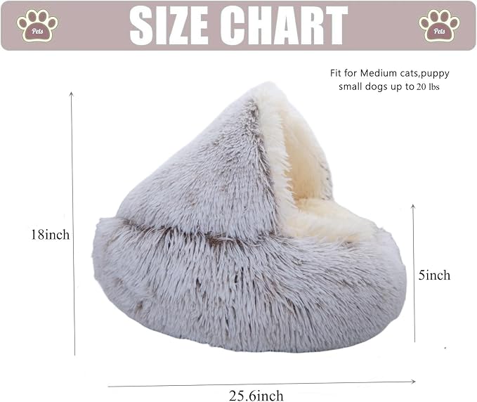 ZaneSun Calming Round Dog Beds &Cat Cave Bed with Hooded Cover,Plush Fluffy Dog Bed Anti-Anxiety Cat Cave Bed,Waterproof Bottom Washable (Coffee, 25.6X 25.6inch)