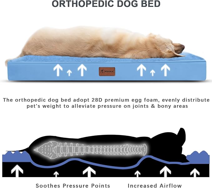 Waterproof Dog Beds Large Sized Dog Orthopedic Pet Beds for Crate with Removable Washable Cover Egg-Crate Foam Pet Pad Mat with Anti-Slip Bottom, 41x27 Inch, Blue