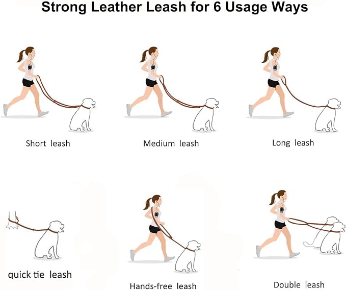 Guiding Star 8ft Leather Dog Leash - Soft Multi-function 6 in 1 Training Walking Leash, Hands Free, Dual, Crossbody for Small, Medium and Large Dogs, Service Dogs, Black
