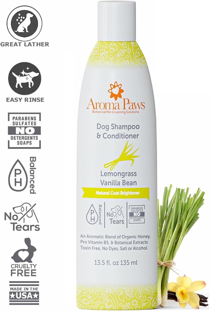 Dog Shampoo – Cleansing Wash, Conditioning, Moisturizing – Healthy Ingredients – Aromatic Grooming Puppy Shampoo – Tearless Cleaner, Lemongrass Vanilla Bean 13.5 oz