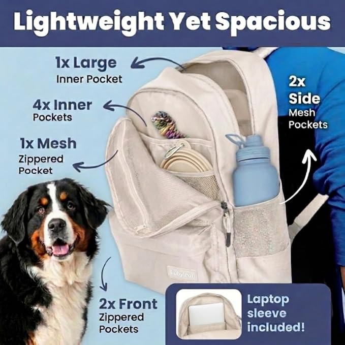 Dog Travel Bag for Supplies - Complete Dog Diaper Bag Backpack with 2 BPA-Free Travel Bowls, Treat Pouch, Food Container, Placemat & Laptop Sleeve – for Traveling, Road Trips, Hiking: Beige