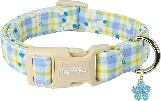 Dog Collar with Blue Checkered & Floral Patterns, Spring Summer Collection Dog Collar with Exquisite Pendant, Durable Adjustable Collars for Gifts & Daily Use-L