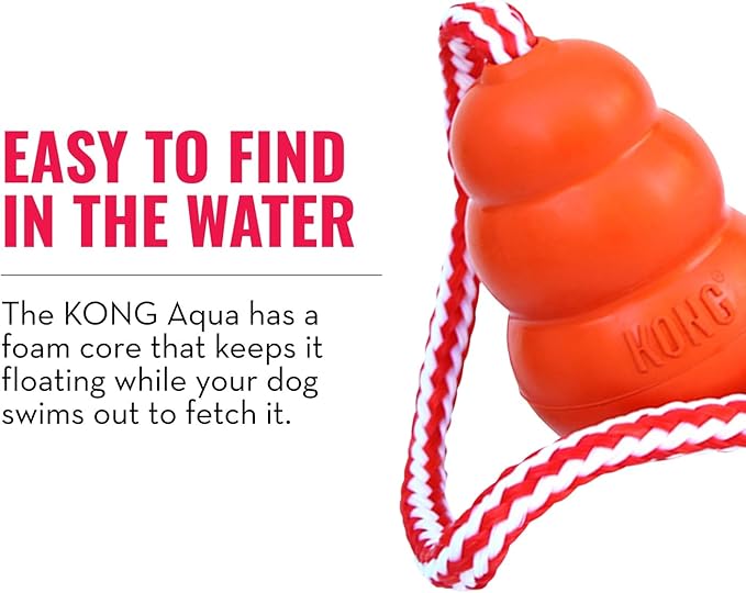 KONG Aqua Floating Fetch Toy - Dog Floating Toy for Water Retrieval, Play, Exercise & More - Natural Rubber Dog Toy with Foam Interior & Rope for Farther Throwing - Orange, for Medium Dogs
