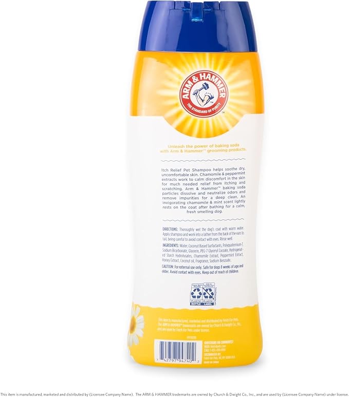 Arm & Hammer for Pets Itch Relief Dog Shampoo with Chamomile and Peppermint, Soothes Dry and Itchy Skin, pH Balanced, Free of Sodium Lauryl Sulfate and Parabens, 20 Fl Oz - 2 Pack