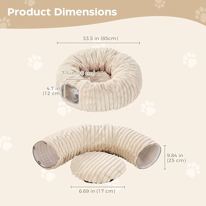 Avont Cat Tunnel Bed for Indoor Cats, Plush Fluffy Kitten Donut Tunnel 3 Shape to Play, Large Kitty Circle Tunnel Under Christmas Tree, Cat Play Toys Gift Ideas -Latte Short-Pile