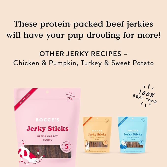 Bocce's Bakery Jerky Stick Dog Treats,Wheat-Free,Made with Limited-Ingredients,Baked in The USA with No Added Salt or Sugar,All-Naural & High-Protein,Beef & Carrot Recipe,4 oz,(Pack of 2)