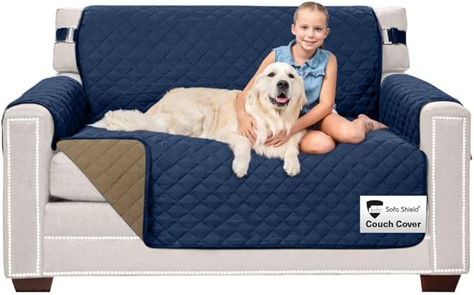 Sofa Shield® Couch Loveseat Covers for Dogs, Reversible Furniture Protector with Strap, Stain and Tear Resistant Cushion Cover, 54 inch Seat, Machine Washable Slipcover Pets, Cats, Navy Sand