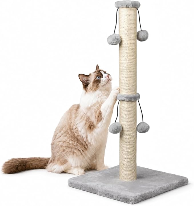 Dimaka 29'' Cat Scratching Post, Natural Sisal Rope Scratcher Post, Kitten Claw Scratch with 4 DanglingToy Balls for Large Cats (Grey)