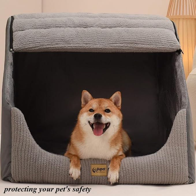 Soft Plush Covered Dog Cave Bed - Large Size for Indoor Use, with Fluffy Washable Cushion, Portable Pet Tent House Suitable for Dogs & Cats(Gray,23.62''X15.75''X17.72'')