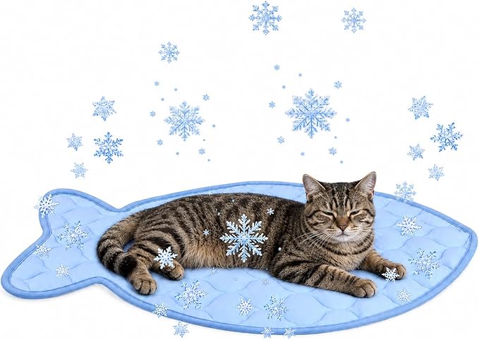 SZEE Cat Cooling Mat, Cooling Mat for Cats, with Ice Silk Fabric, Machine Washable, Fish-Shaped, for Bed, Sofa, Floor, Car Seat & Crate, with Anti-Slip Bottom (27” × 18”)