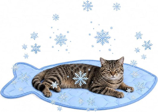 SZEE Cat Cooling Mat, Cooling Mat for Cats, with Ice Silk Fabric, Machine Washable, Fish-Shaped, for Bed, Sofa, Floor, Car Seat & Crate, with Anti-Slip Bottom (27” × 18”)