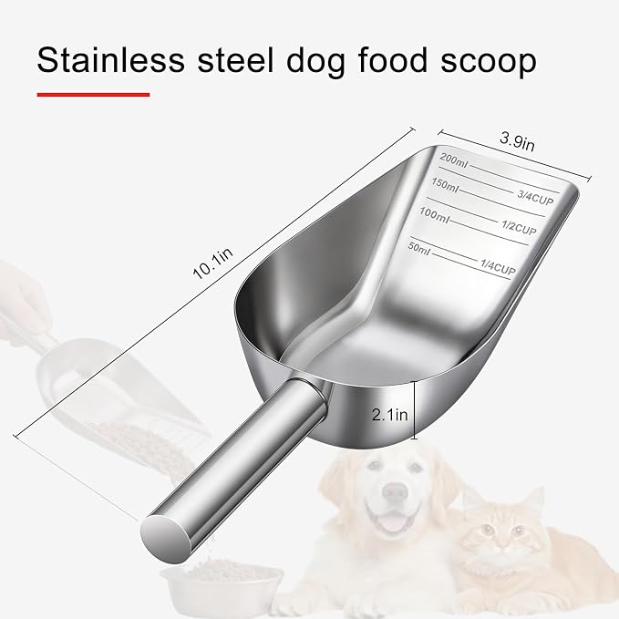 Pet Dog Food Scoop, 304 stainless steel material, 1 Cup Measuring Cup with Precision Scale Markings, Durable and Rust-Resistant