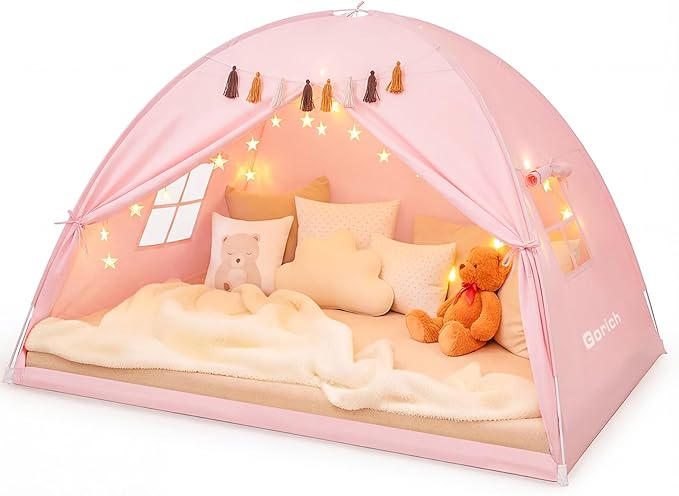Gorich Twin Bed Tent for Kids, Indoor Privacy Toddler Sleeping Canopy with Mesh Window, Fits Bunk or Floor Bed, Include Star Lights & Tassels, Cozy Playhouse for Boys Girls Birthday