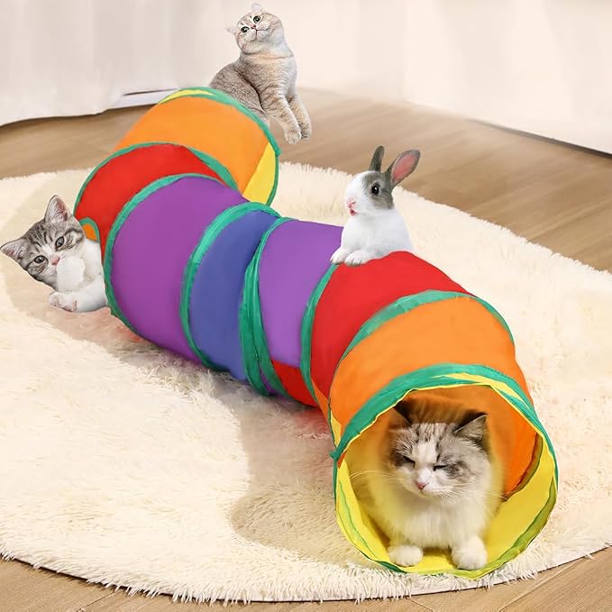 2-Way Collapsible Cat Tunnel Tube Toy Rainbow — Interactive Play Tunnel with Peek Hole for Indoor Cats, Kittens, Puppies & Rabbits | Hours of Fun & Exercise