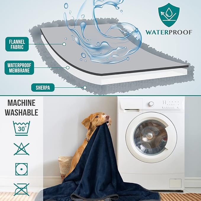 PetAmi Premium Waterproof Dog Blanket for Large Dogs, Reversible Sherpa & Flannel Fleece, Leakproof Pet Throw for Couch Protection, Soft Plush Furniture Protector for Cats, Washable, 60x80 Navy/Grey
