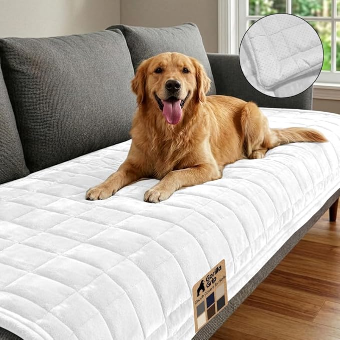 GORILLA GRIP Slip and Leak Resistant Plush Quilted Oversized Sofa Cushion Cover Blanket, Soft Couch Covers for Sofa Dogs, Machine Washable Furniture Protector Pet Friendly Couches, White, 78x28 Inches