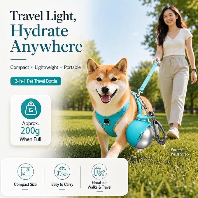 2 in 1 Portable Dog Water Bottle, 2026 New 10oz Spherical Stainless Steel Pet Bottle with Silicone Foldable Bowl, No-Spill Leak-Proof Design, Dog Water Bottle for Walking, Hiking, Travel (Pink+Blue)