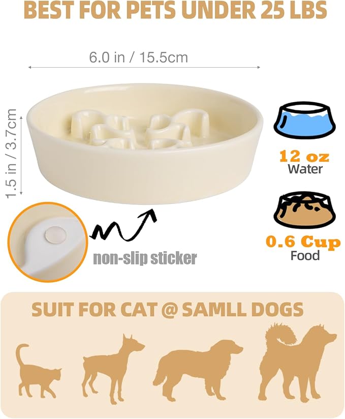 Slow Feeder Dog Bowl, 0.6 Cups Ceramic Dog Food Dish for Fast Eaters Small Breed, Puzzle Bowl for Small Dogs and Cats(Yellow)