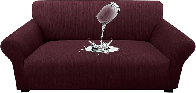 Waterproof Stretch Spandex Loveseat Couch Cover - Non-Slip Soft Sofa Slipcover with Elastic Bottom, Washable Leakproof Furniture Protector for Kids, Pets, Dogs & Cats (Loveseat, Burgundy)